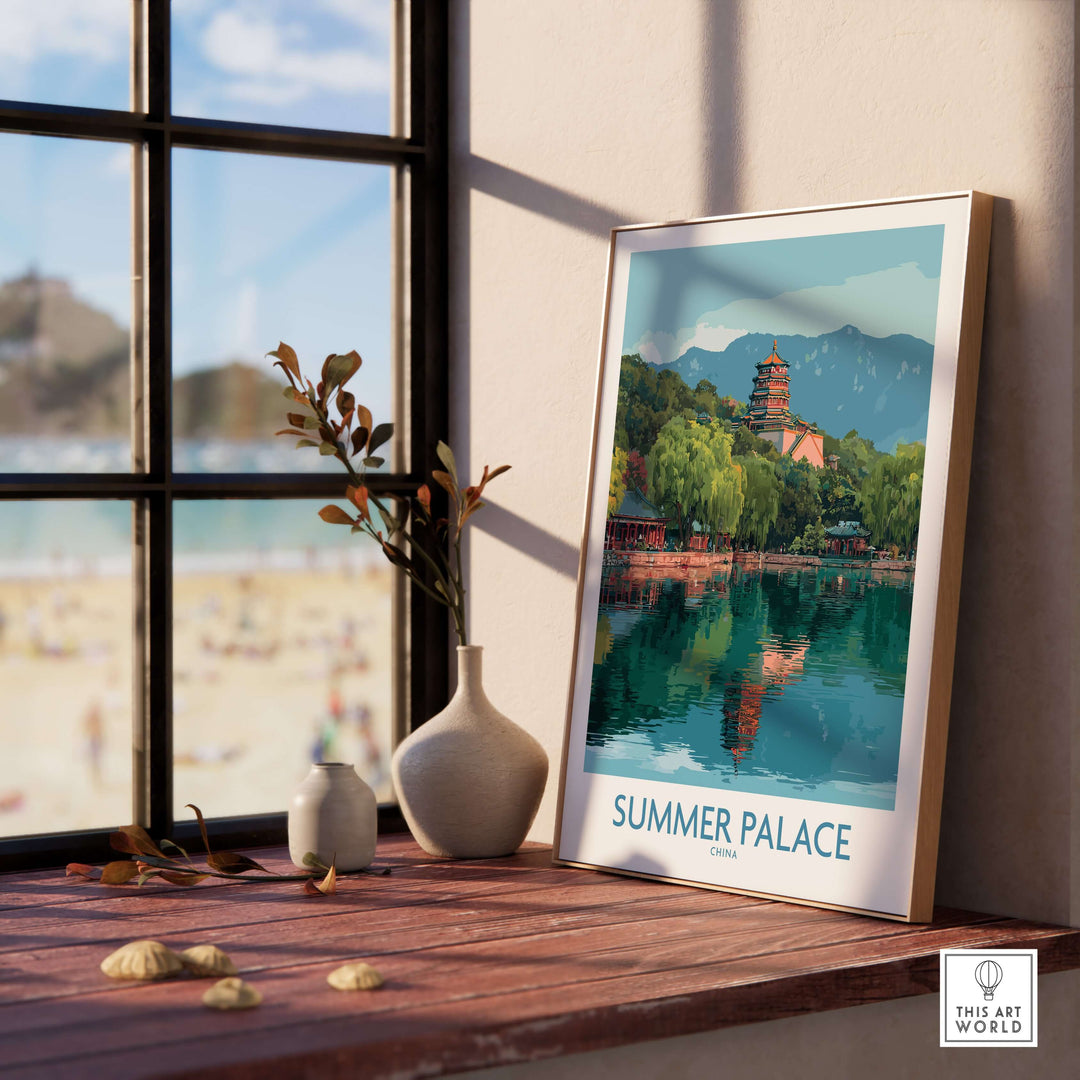 Framed print of Summer Palace pagoda reflecting in water, ideal for historic Beijing travel decor.