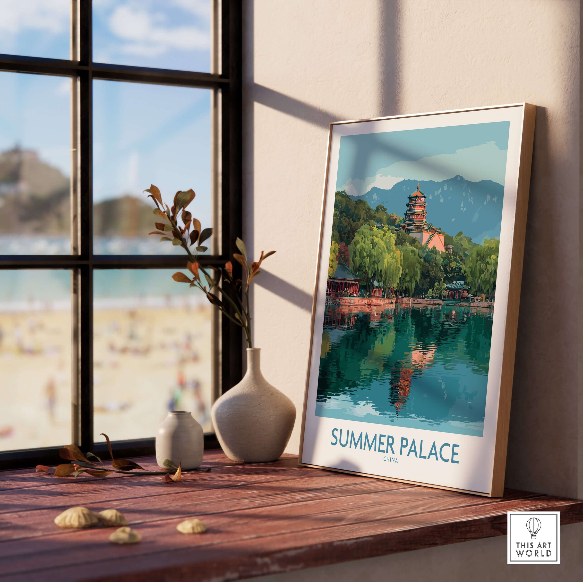 Summer Palace China Pagoda & Reflection Print - Historic Beijing Travel Decor framed artwork by the window.