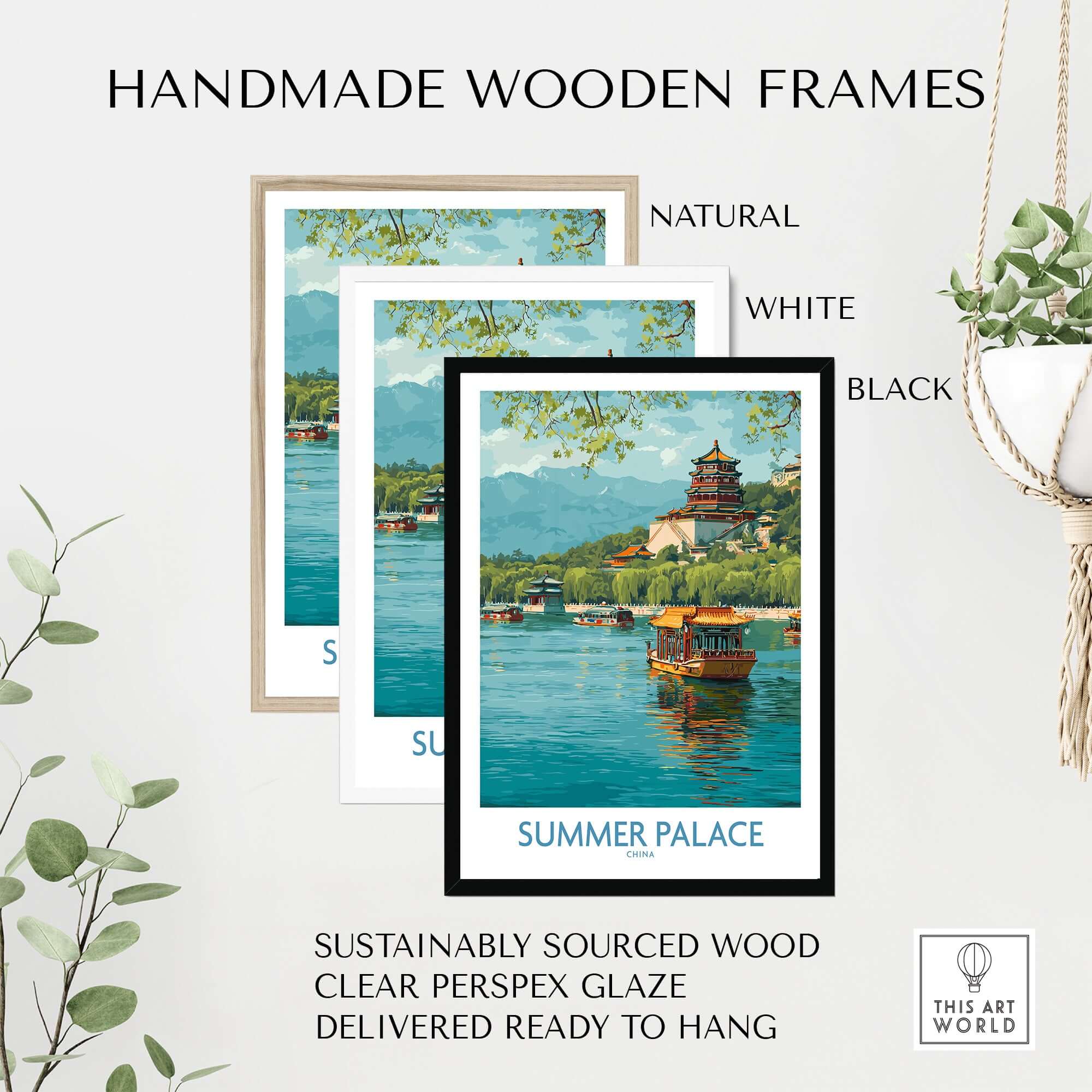 Summer Palace China Traditional Boat Poster - Kunming Lake Travel Scene displayed in handmade wooden frames.