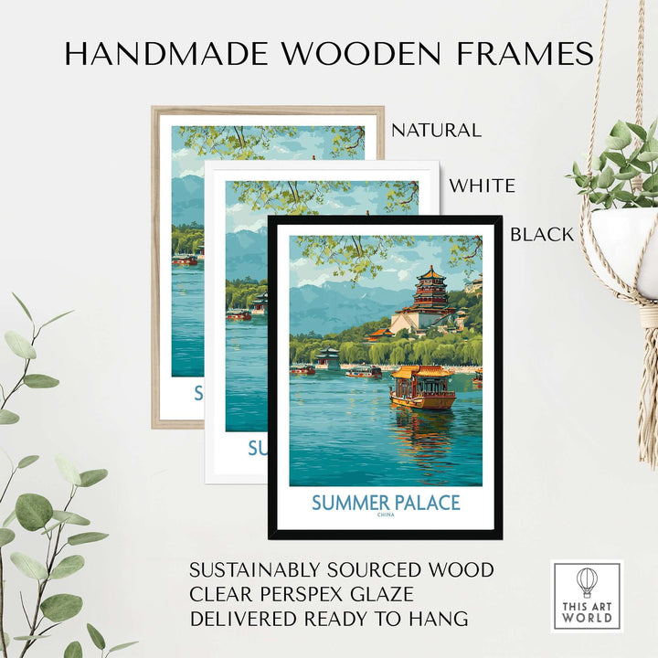 Handmade wooden frames in natural, white, and black for Summer Palace poster, featuring clear perspex glaze and sustainable wood.