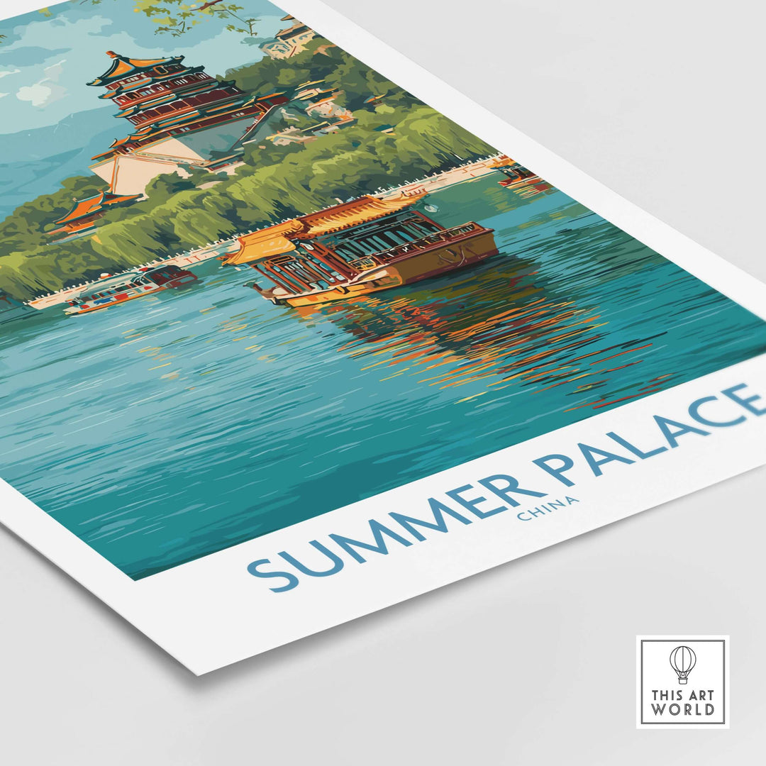 Traditional Chinese boat on Kunming Lake with Summer Palace in the background, showcasing serene beauty and vibrant colors.