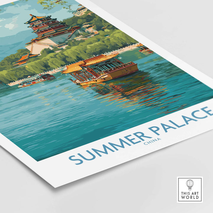 Traditional Chinese boat on Kunming Lake with Summer Palace in the background, showcasing serene beauty and vibrant colors.