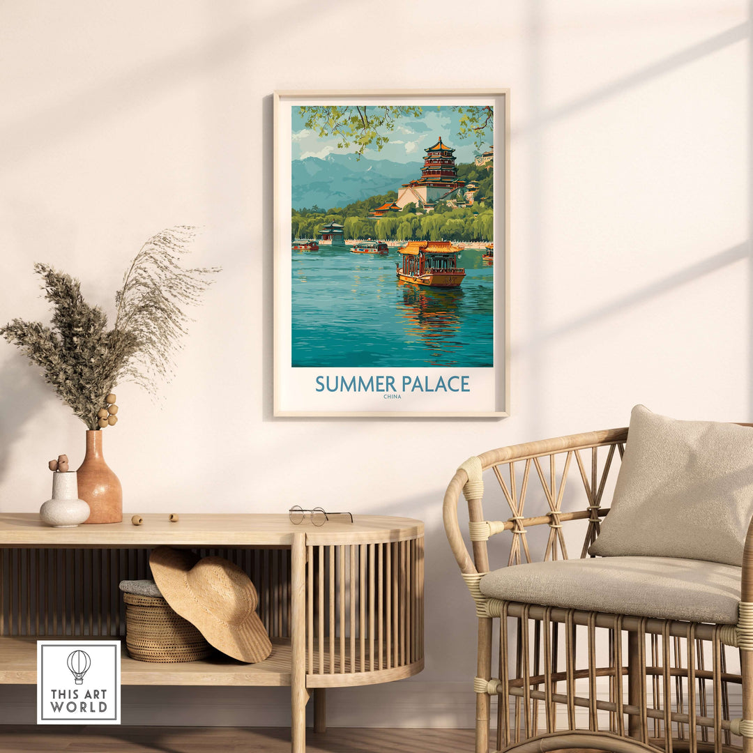 Traditional boat on Kunming Lake in Summer Palace poster, showcasing serene waters and lush landscapes.