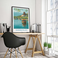 Summer Palace China Traditional Boat Poster - Kunming Lake Travel Scene displayed in a modern office setting with a black chair.