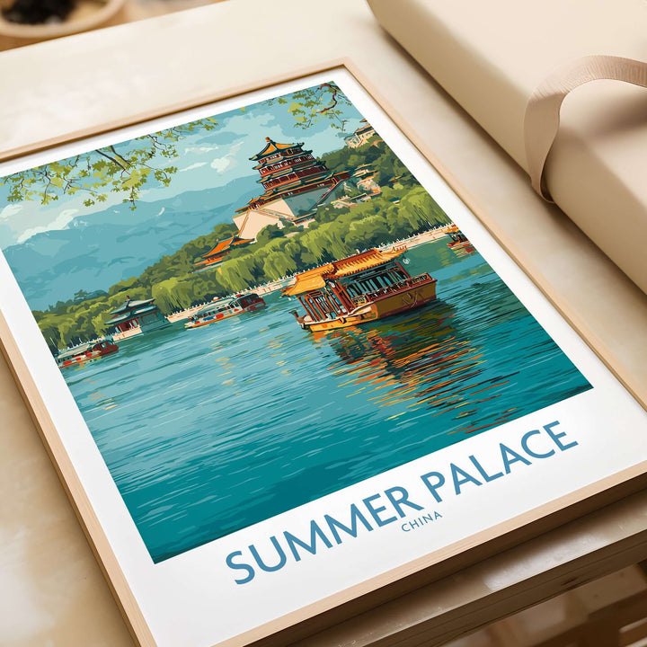 Summer Palace poster depicting traditional boats on Kunming Lake, showcasing serene landscapes and architectural beauty.