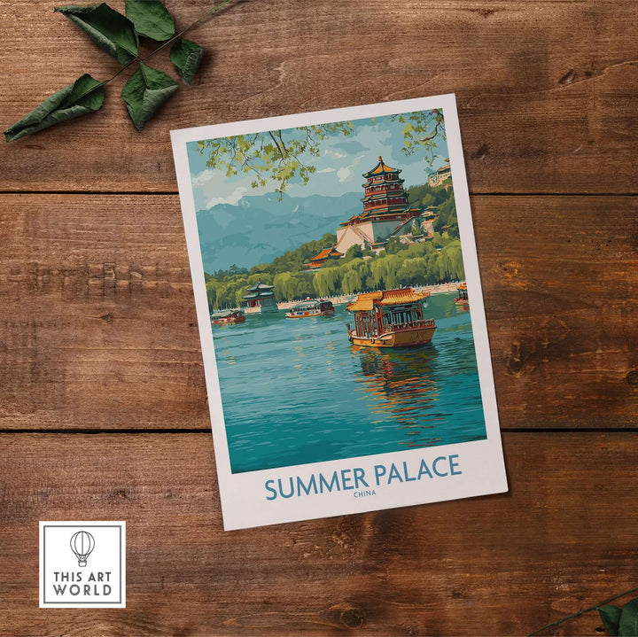 Summer Palace China poster featuring traditional boats on Kunming Lake with scenic architecture.