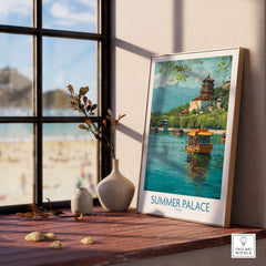 Summer Palace China Traditional Boat Poster - Kunming Lake Travel Scene displayed in a cozy interior setting.