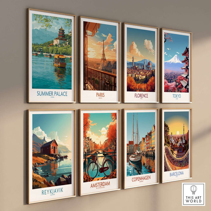 Gallery of travel posters featuring Summer Palace, Paris, Florence, Tokyo, Reykjavik, Amsterdam, Copenhagen, and Barcelona.
