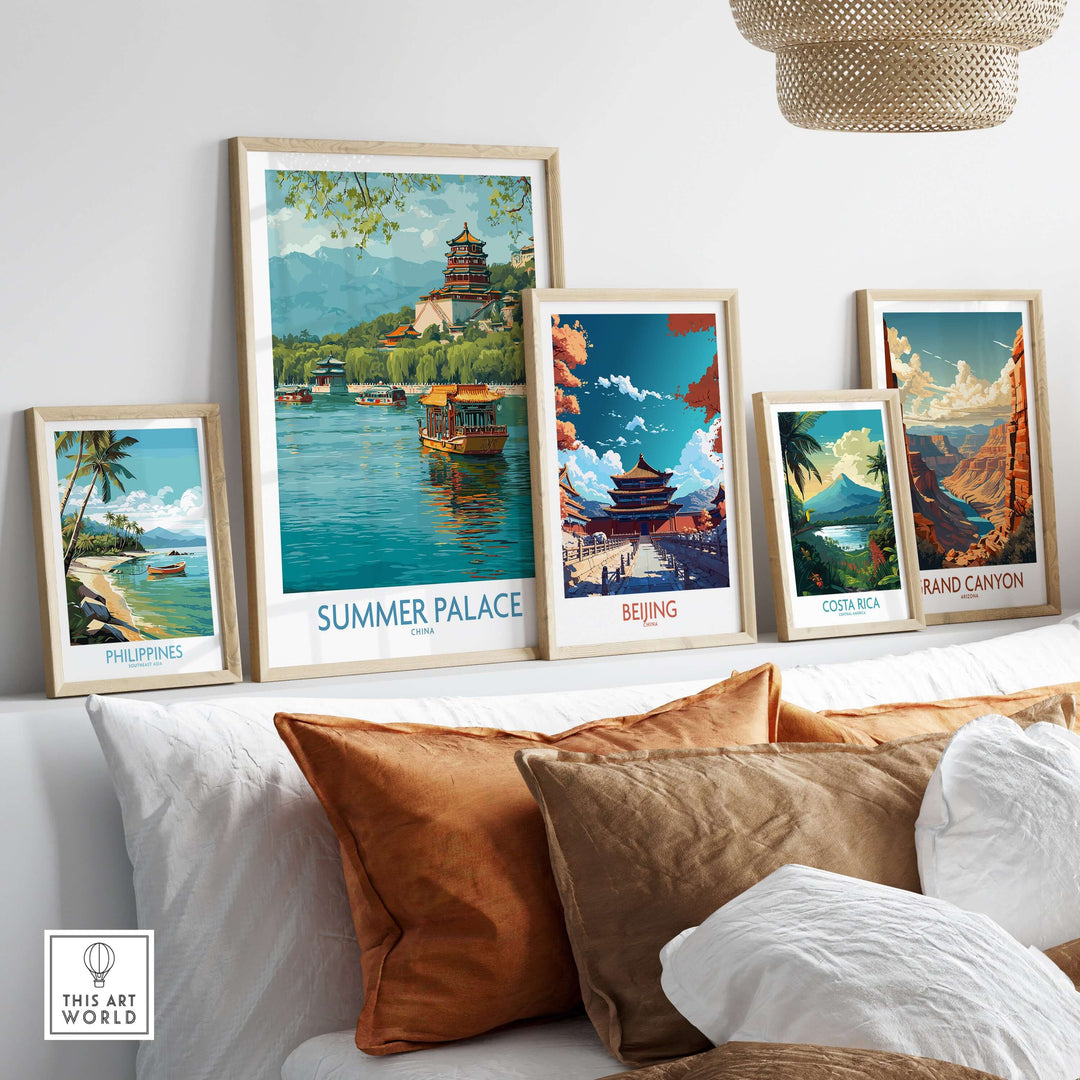 Art prints of Summer Palace, Beijing, and landscapes from Philippines and Costa Rica displayed on a stylish sofa.