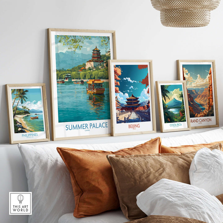 Art prints of Summer Palace, Beijing, and landscapes from Philippines and Costa Rica displayed on a stylish sofa.