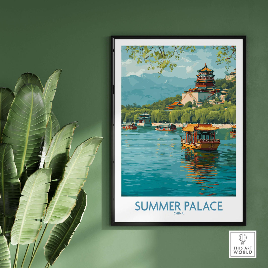 Summer Palace poster featuring traditional boats on Kunming Lake, showcasing lush landscapes and ancient architecture.