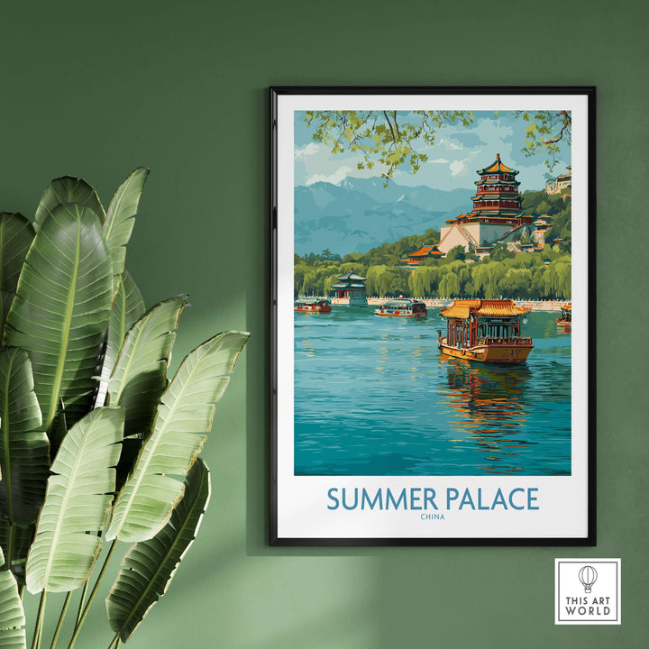 Summer Palace poster featuring traditional boats on Kunming Lake, showcasing lush landscapes and ancient architecture.