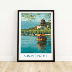 Summer Palace China Traditional Boat Poster - Kunming Lake Travel Scene featuring a serene lake with traditional boats.