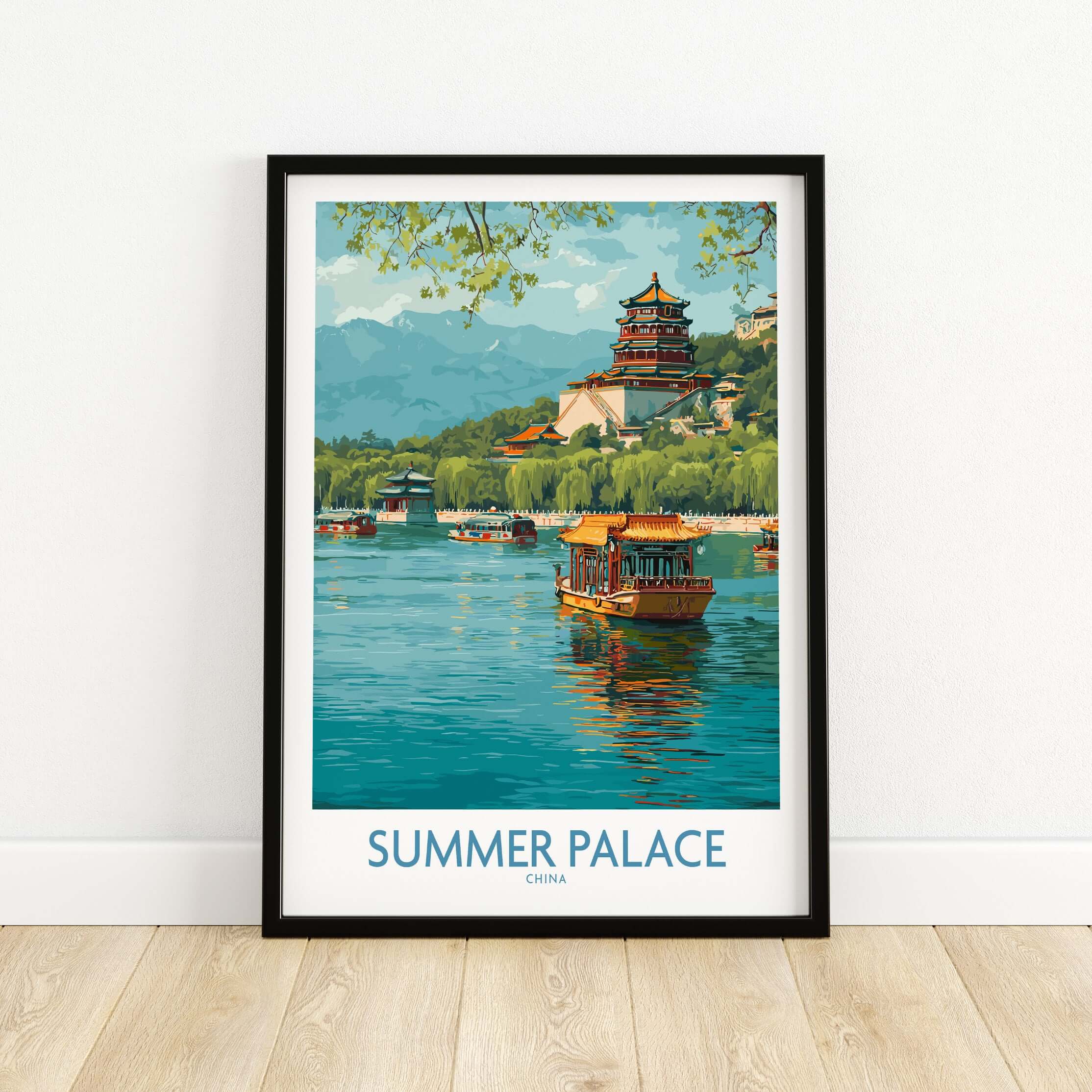 Summer Palace China Traditional Boat Poster - Kunming Lake Travel Scene featuring a serene lake with traditional boats.