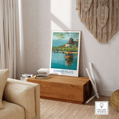 Summer Palace China Traditional Boat Poster - Kunming Lake Travel Scene displayed in a cozy living room setting.