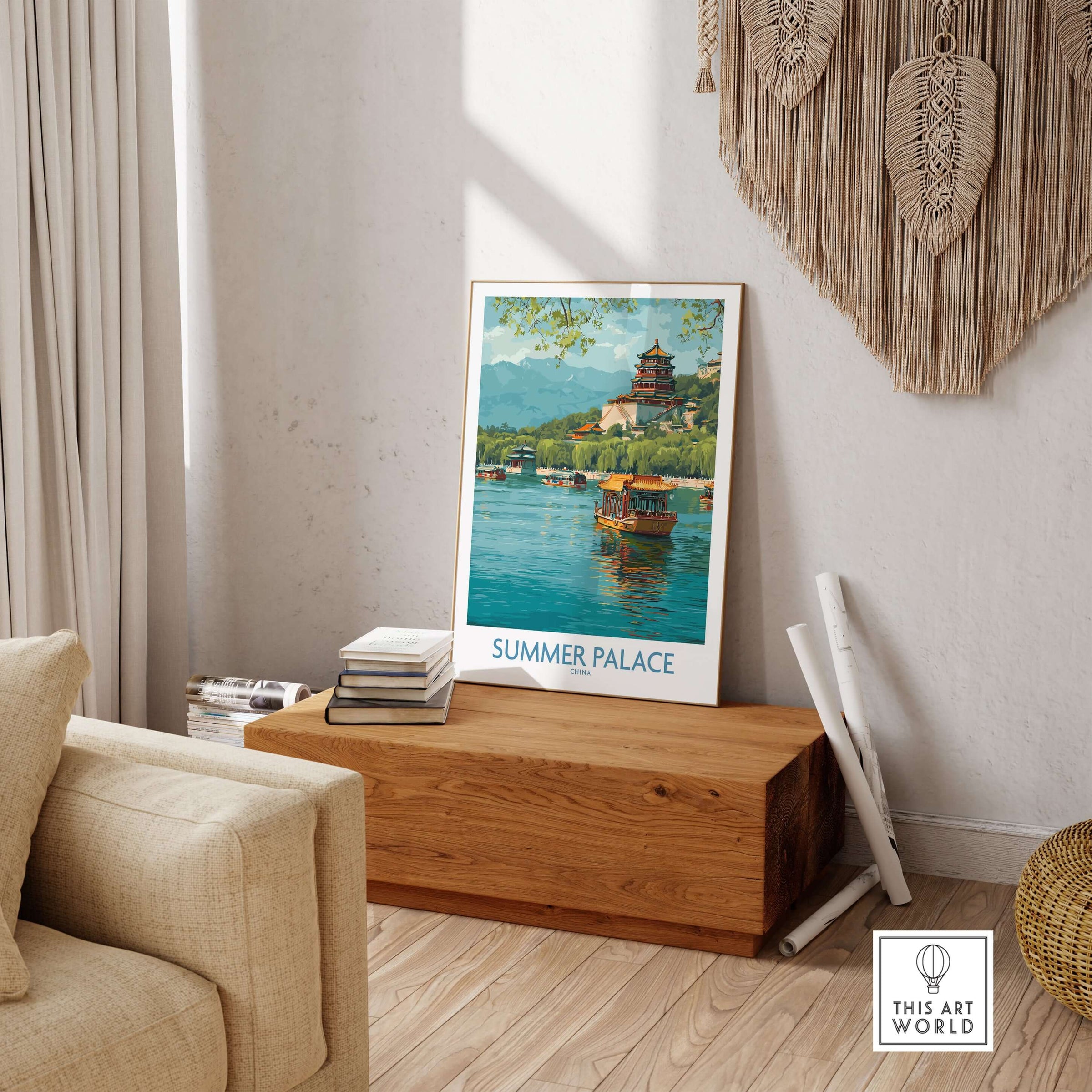 Summer Palace China Traditional Boat Poster - Kunming Lake Travel Scene displayed in a cozy living room setting.