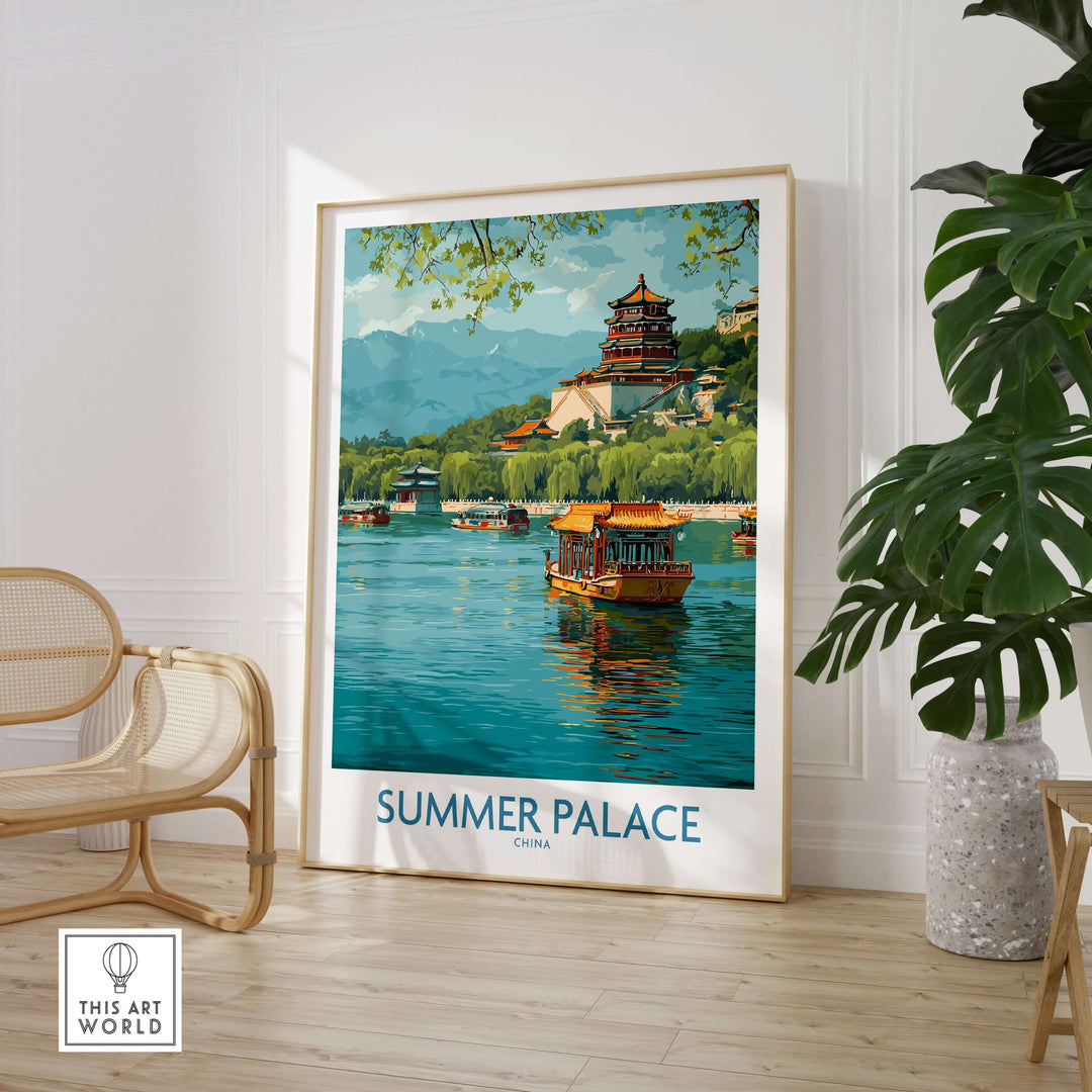 Summer Palace poster featuring traditional boats on Kunming Lake, Beijing's serene landscape and architecture.