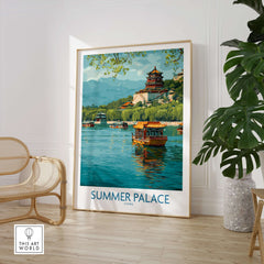 Summer Palace China Traditional Boat Poster - Kunming Lake Travel Scene showcasing traditional boats on tranquil waters.