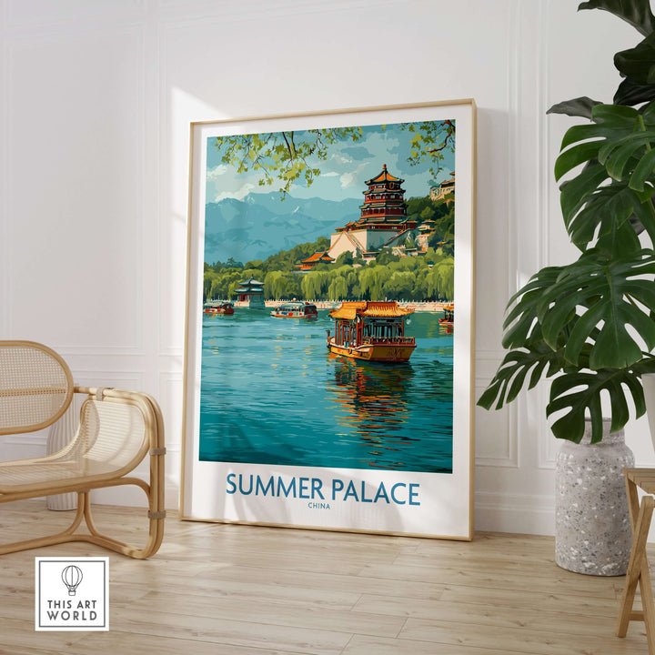 Summer Palace poster featuring traditional boats on Kunming Lake, Beijing's serene landscape and architecture.