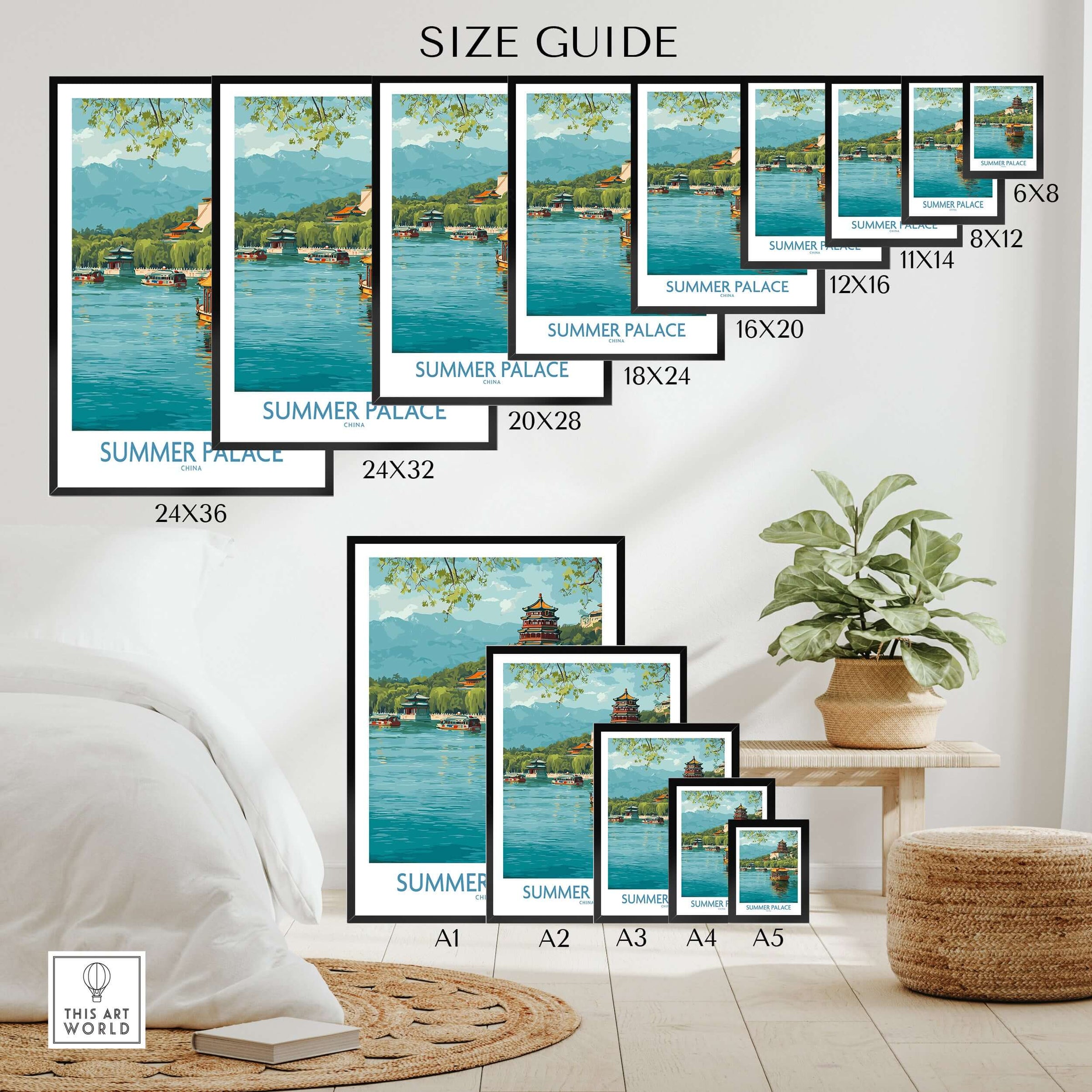 Summer Palace China Traditional Boat Poster - Kunming Lake Travel Scene size guide showcasing various frame options.
