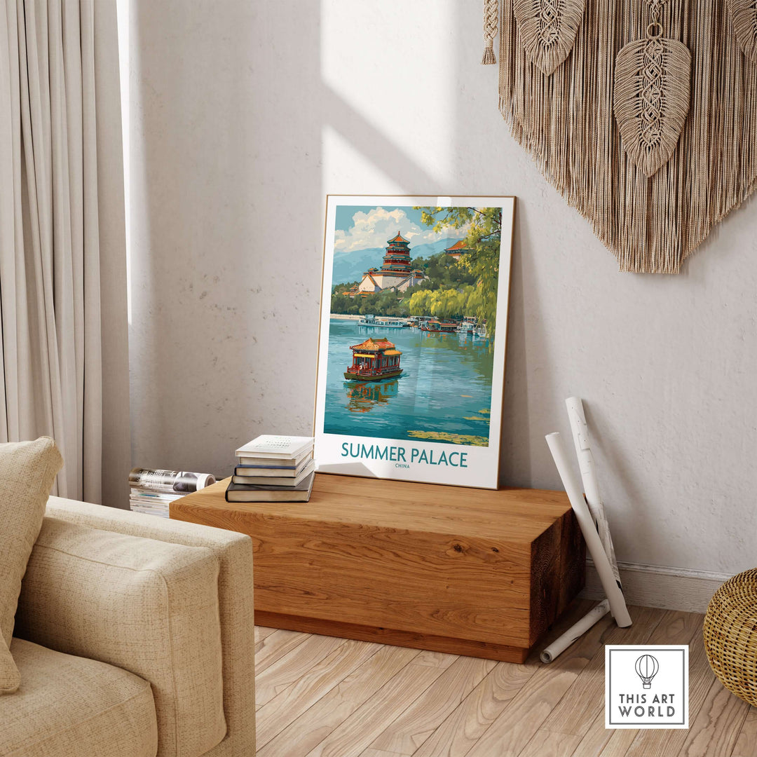 Summer Palace wall art print showcasing ancient Chinese architecture and serene waterway in a stylish interior.