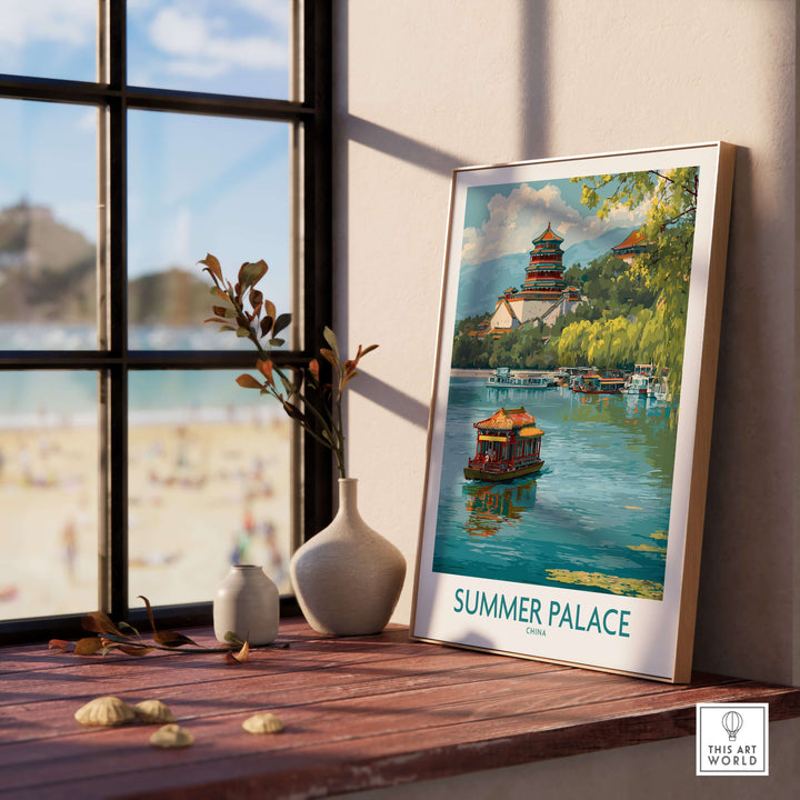 Framed Summer Palace waterway print showcasing ancient Chinese architecture in an elegant coastal setting.