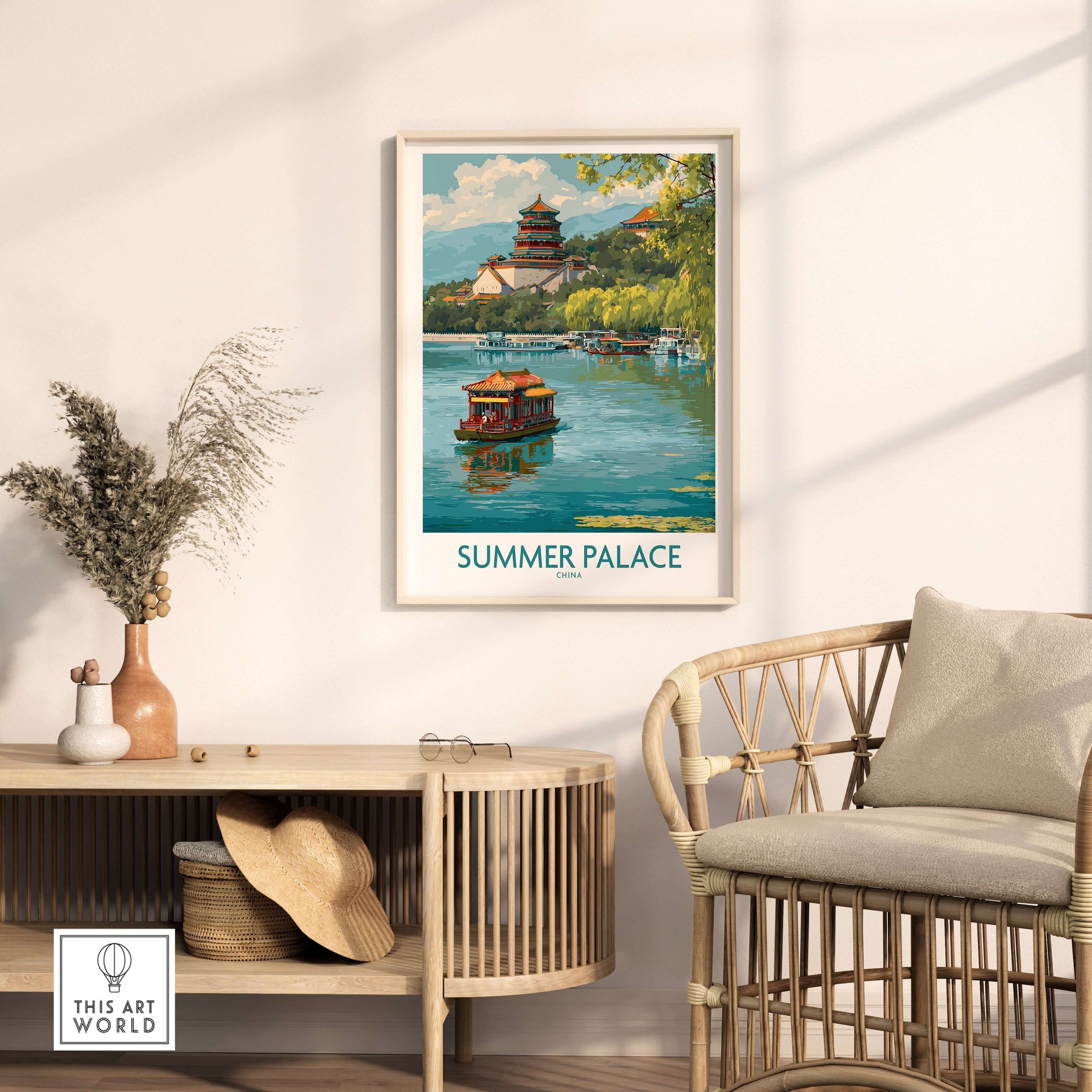 Summer Palace China Elegant Waterway Print - Ancient Chinese Architecture Wall Art displayed in a cozy interior setting.