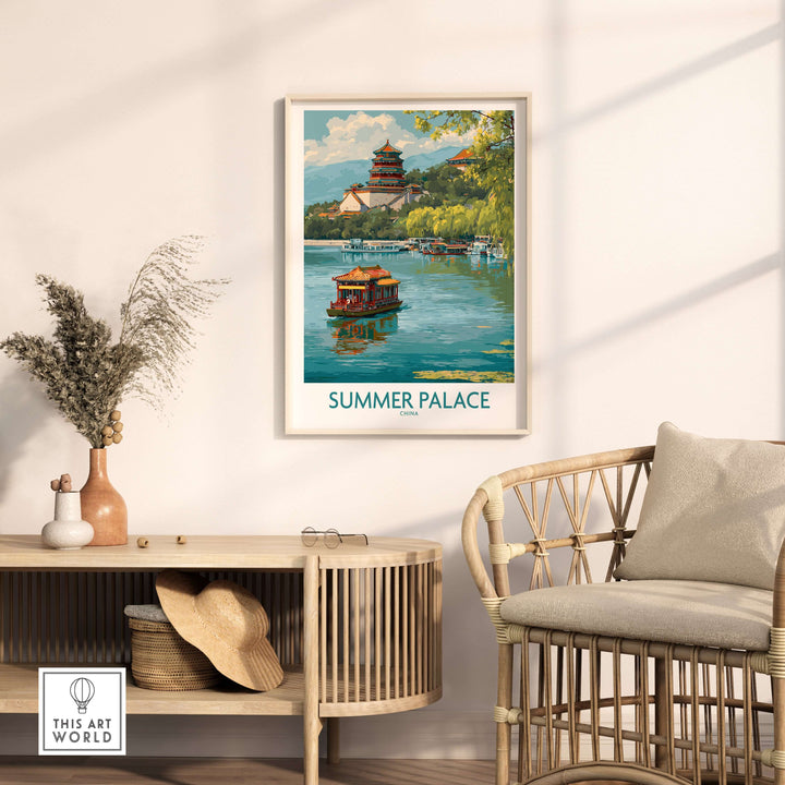 Summer Palace wall art print featuring serene waterway and ancient architecture, perfect for home décor.