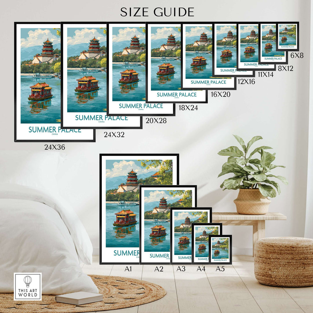 Size guide for Summer Palace China waterway wall art prints showcasing various frame sizes and dimensions.
