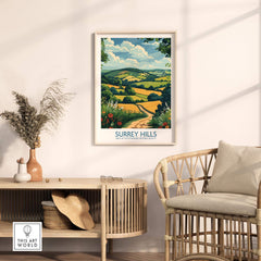 Surrey Hills National Park Poster Print displayed in a modern living room setting with cozy furniture.