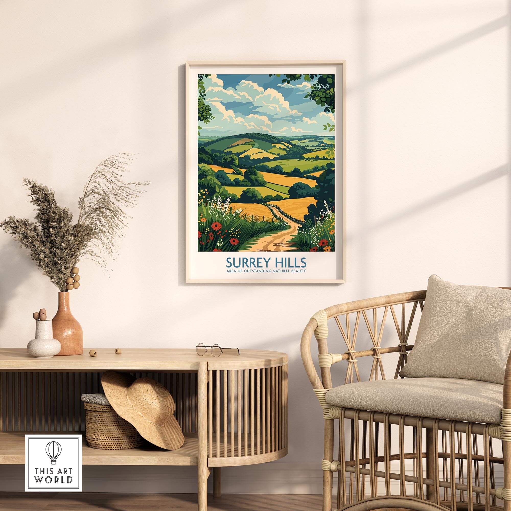 Surrey Hills National Park Poster Print displayed in a modern living room setting with cozy furniture.