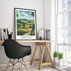 Surrey Hills National Park Poster Print displayed in a modern workspace with a stylish chair and wooden table.