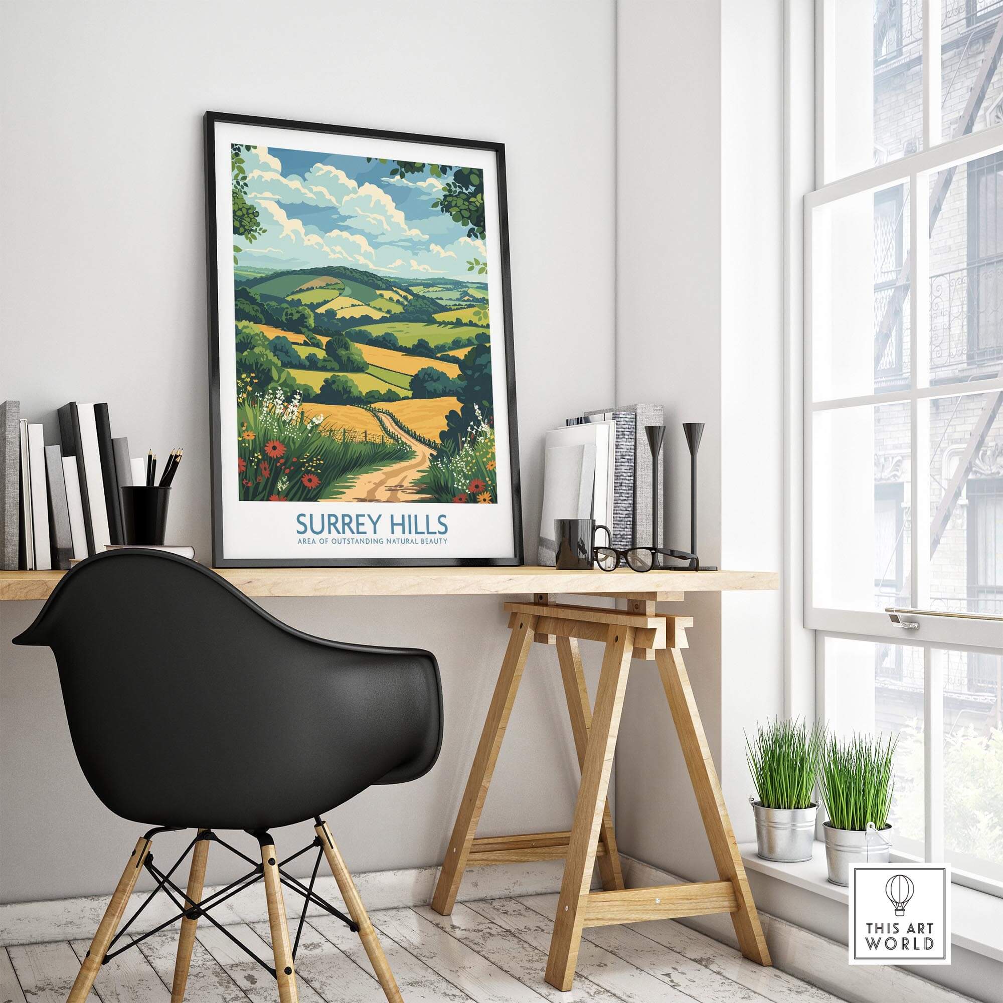 Surrey Hills National Park Poster Print displayed in a modern workspace with a stylish chair and wooden table.