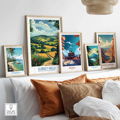 Surrey Hills National Park Poster Print among framed art, showcasing the natural beauty of Surrey Hills.