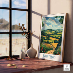 Surrey Hills National Park Poster Print displayed in a cozy room, highlighting the natural beauty of Surrey Hills.