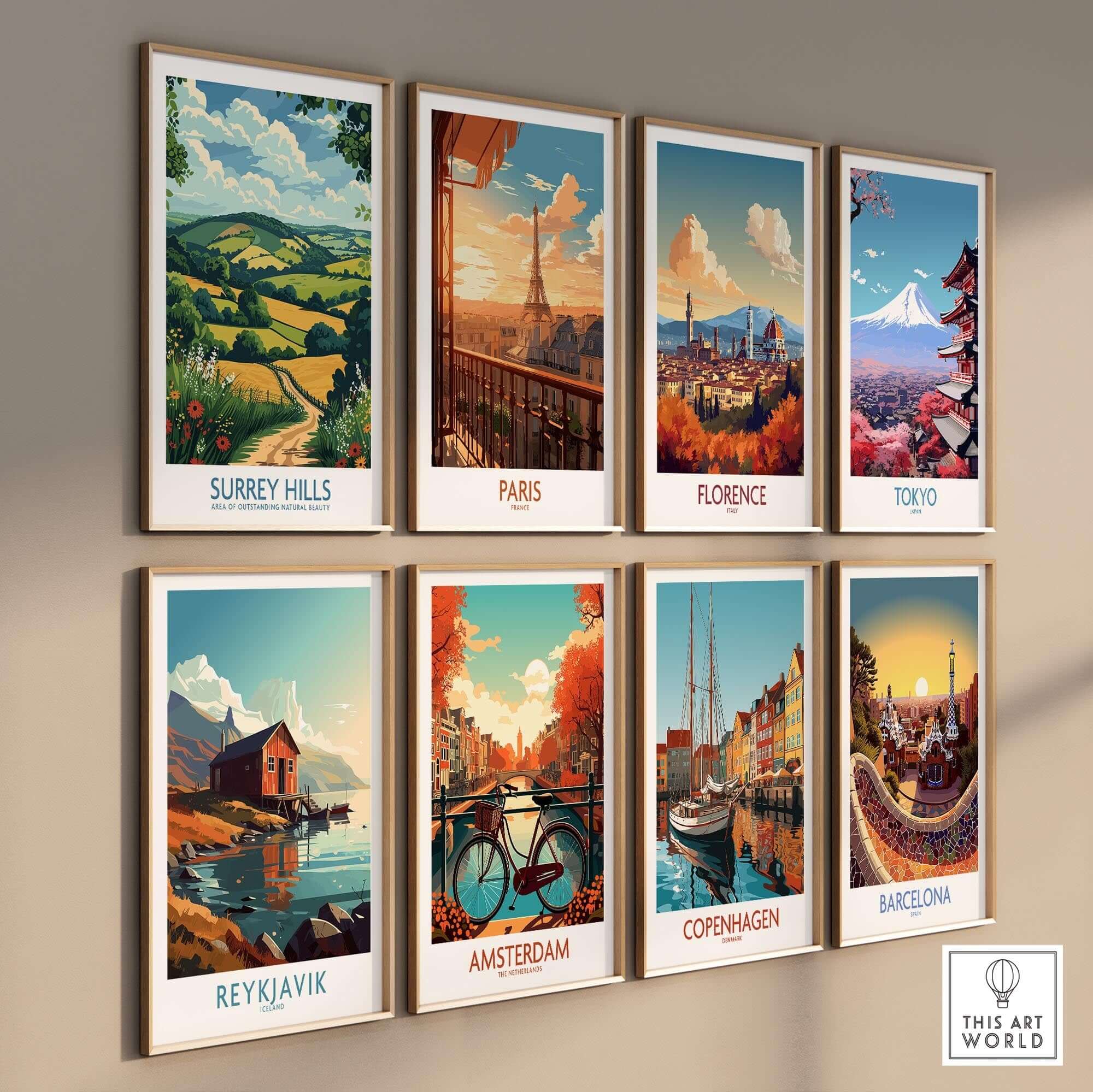 Surrey Hills National Park Poster Print and other city-themed art prints on a gallery wall.