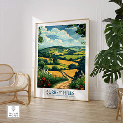 Surrey Hills National Park Poster Print featuring lush green hills and vibrant landscape.