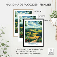 Surrey Hills National Park Poster Print framed in natural, white, and black handmade wooden frames.