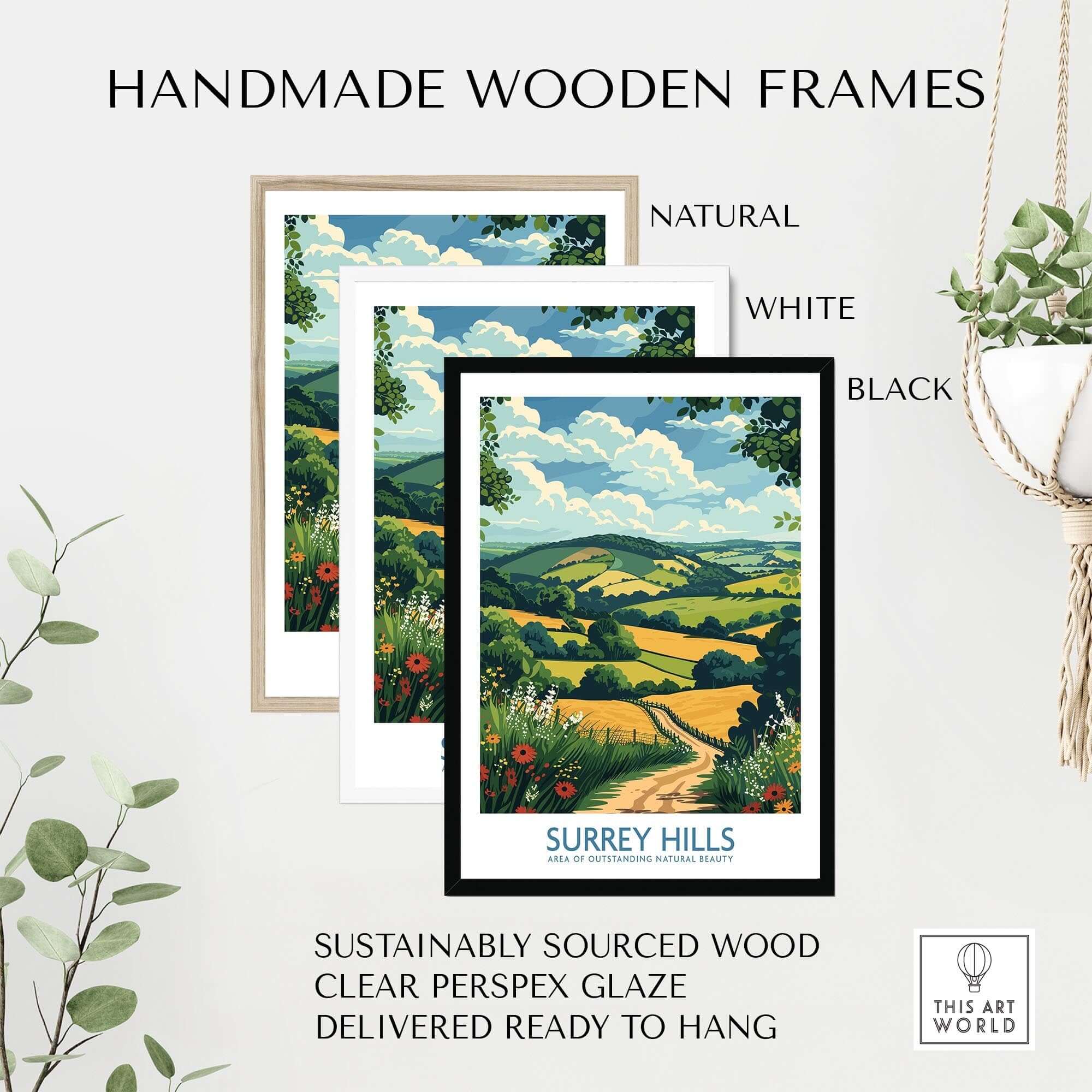 Surrey Hills National Park Poster Print framed in natural, white, and black handmade wooden frames.