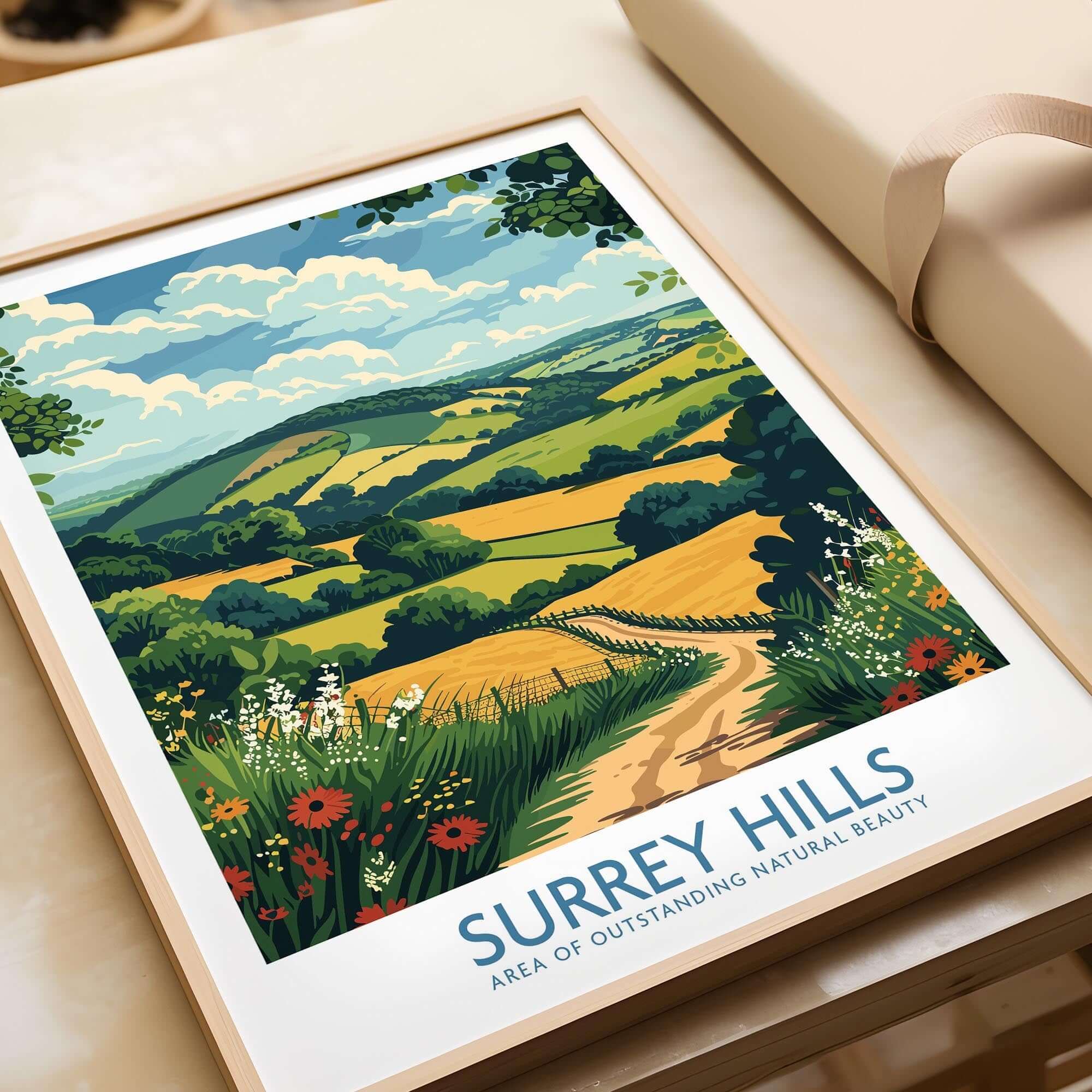 Surrey Hills National Park Poster Print featuring picturesque rolling hills and vibrant landscapes.