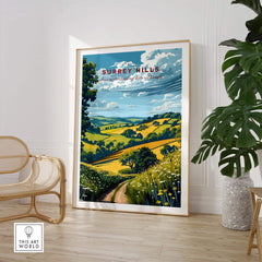 Surrey Hills Poster displayed in a modern room, showcasing picturesque landscapes of the Surrey Hills AONB.