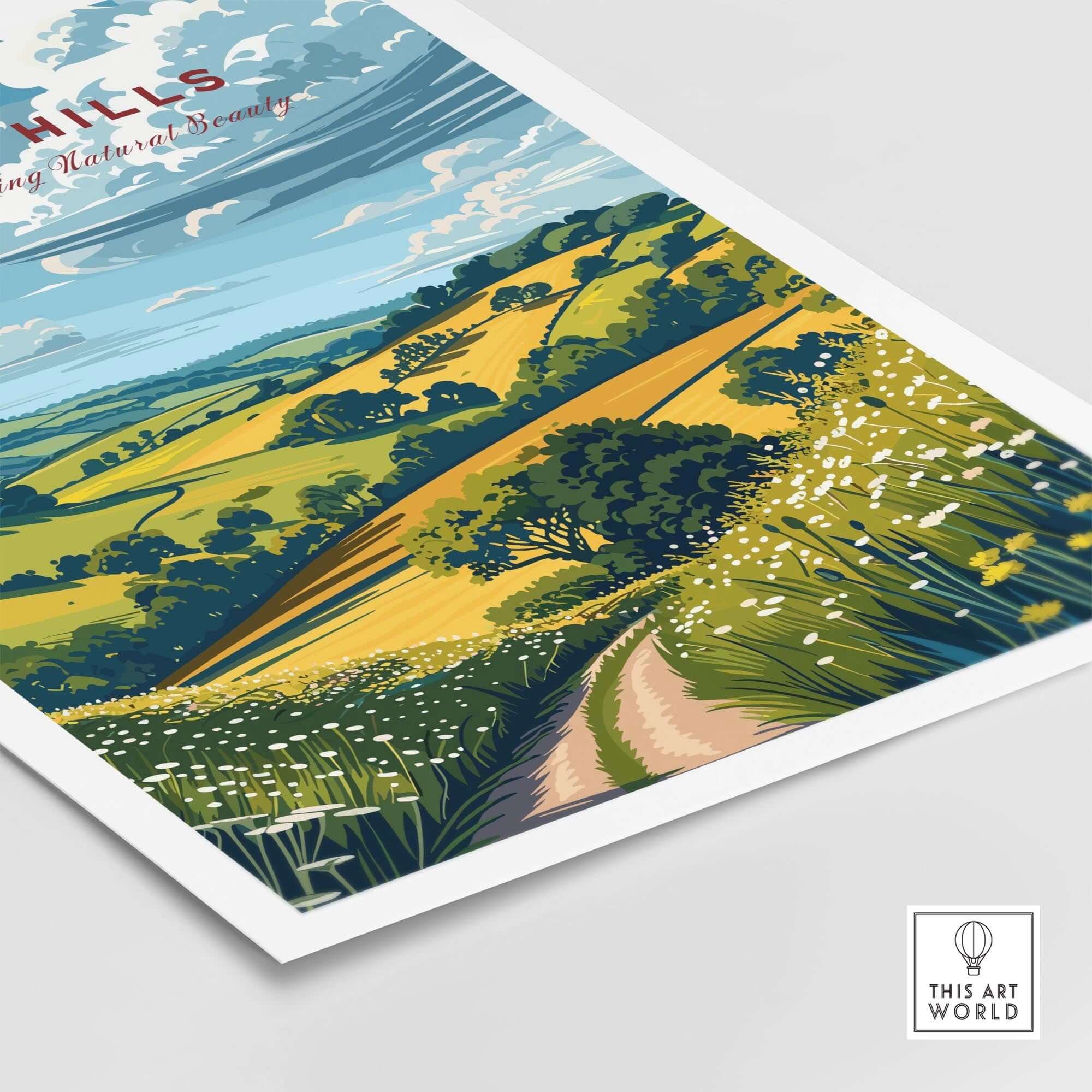 Surrey Hills Poster showcasing vibrant landscapes and scenic beauty of the Surrey Hills AONB.