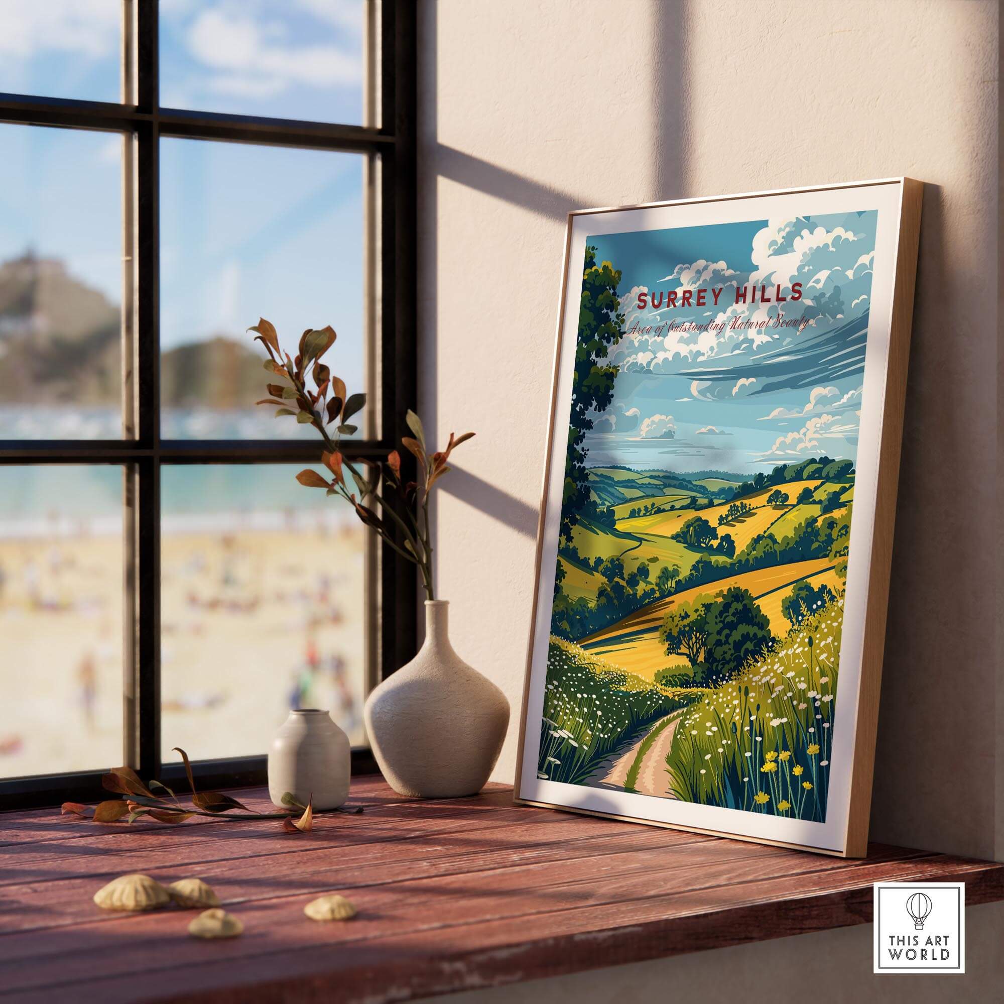Surrey Hills Poster displayed in a bright room, highlighting picturesque landscapes and nature's beauty.