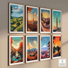 Surrey Hills Poster alongside various city-themed prints in a gallery wall display.