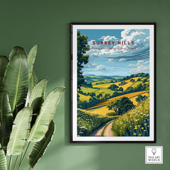 Surrey Hills Poster showcasing the scenic beauty of Surrey Hills AONB with vibrant landscapes and lush greenery.