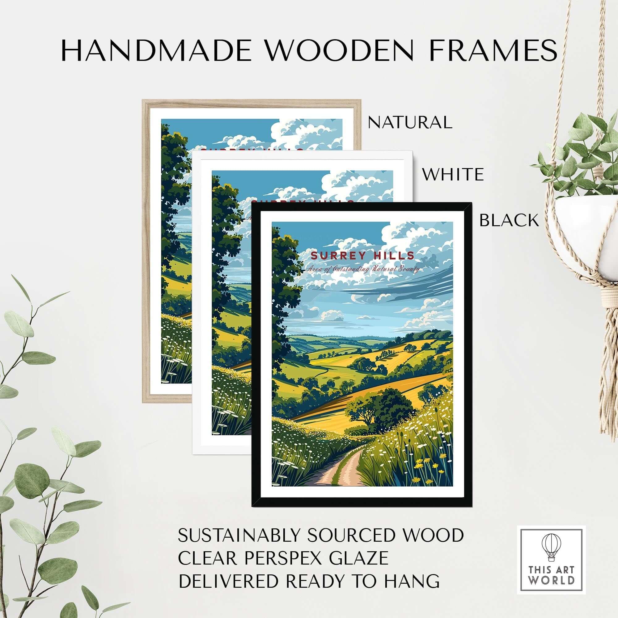 Surrey Hills Poster with handmade wooden frames in natural, white, and black finishes, showcasing beautiful landscapes.