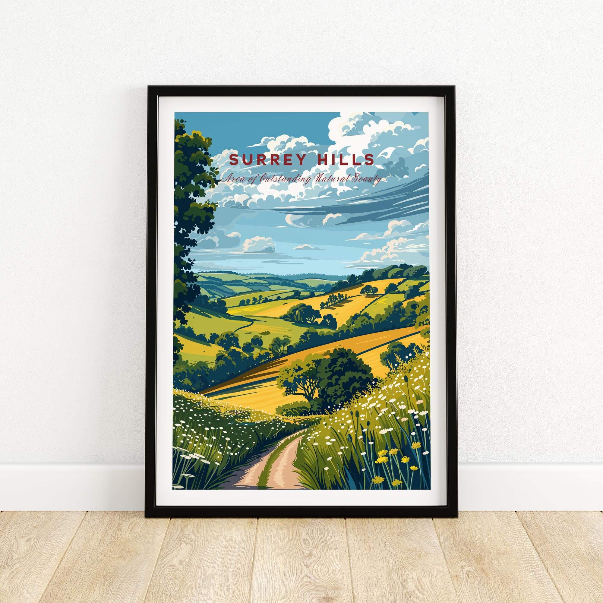 Surrey Hills Poster featuring picturesque landscapes of the Surrey Hills AONB in a framed design.