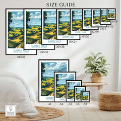Surrey Hills Travel Poster size guide showcasing different frame sizes for home decor inspiration.