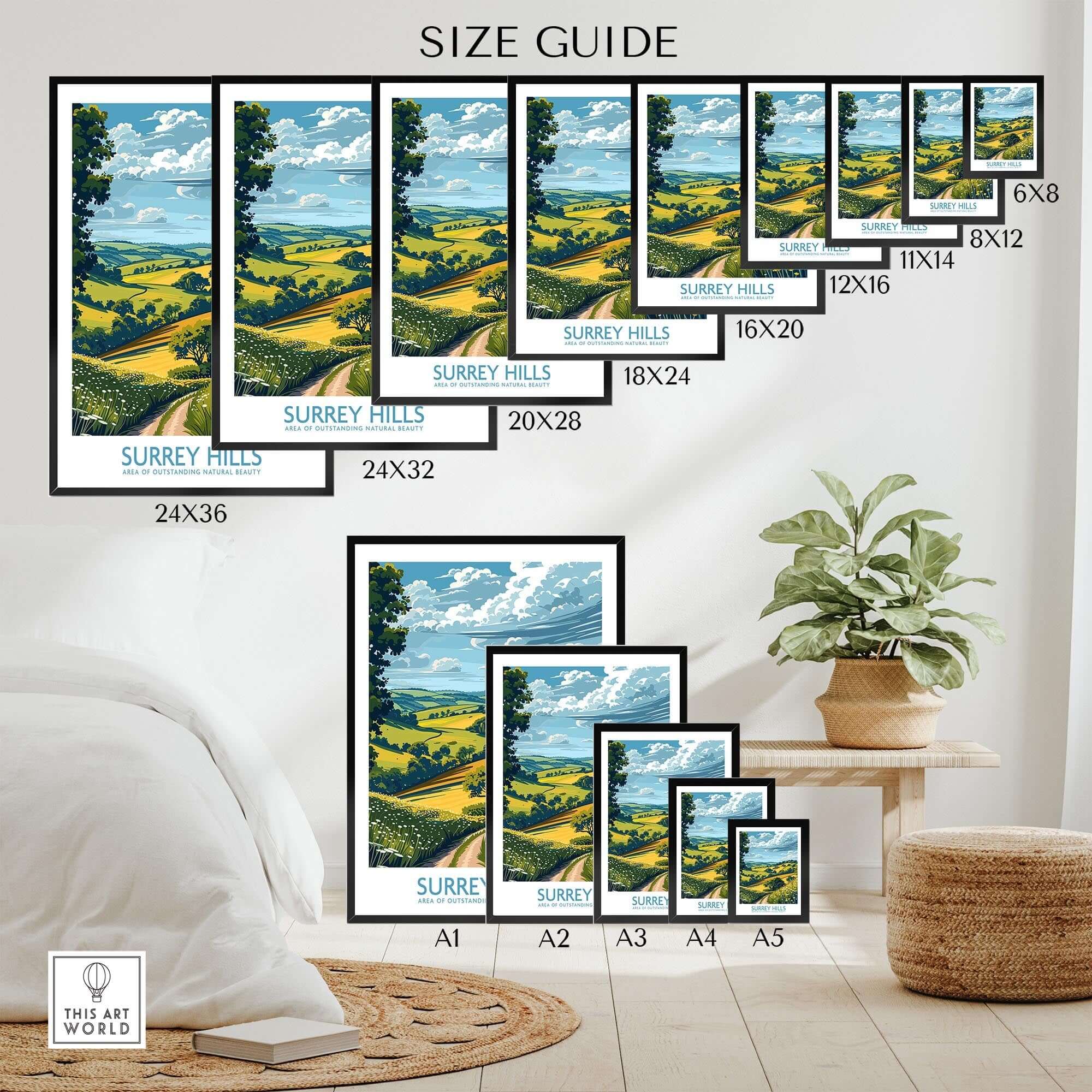 Surrey Hills Travel Poster size guide showcasing different frame sizes for home decor inspiration.