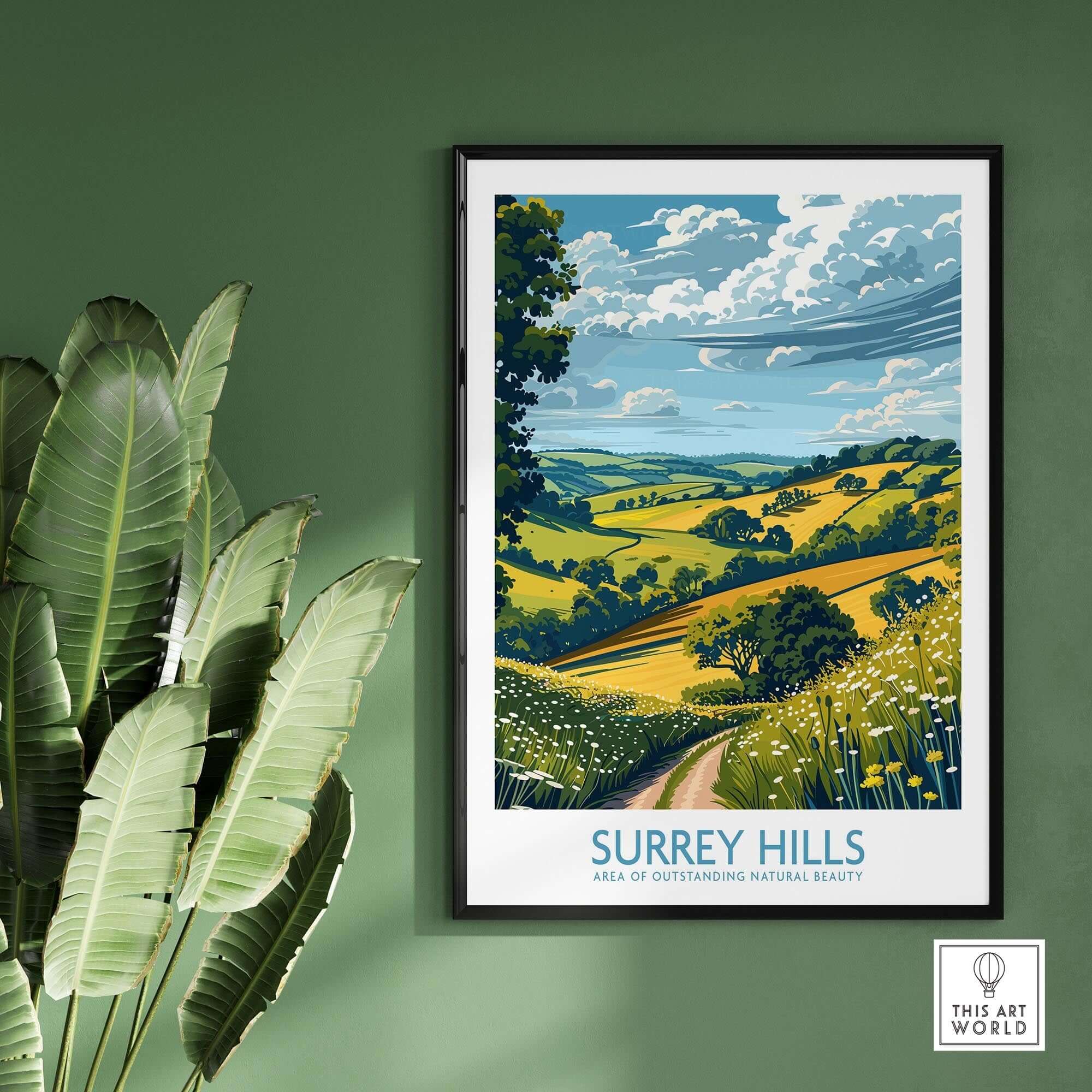 Surrey Hills Travel Poster showcasing beautiful countryside and vibrant greenery in a stylish frame.